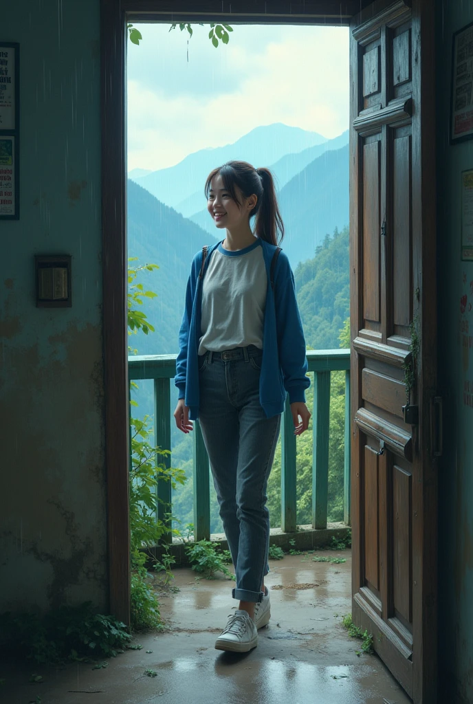 Mae Fah Luang University is nestled among mountains and beautiful nature, but there is an air of mystery hidden in its grounds, especially in the university's dormitory which is rumored to be haunted at night.
Pim is a 2 woman with a cheerful and positive outlook on life. She has long brown hair tied in a ponytail, wears a blue and white shirt with dark gray jeans. She believes in the good in people and sees the world as full of hope and beauty.
Pim moved into a new dormitory at Mae Fah Luang University during the rainy season. The dormitory is old and has a chilly atmosphere, but Pim feels nothing unusual due to her positive nature and eagerness to experience new things.