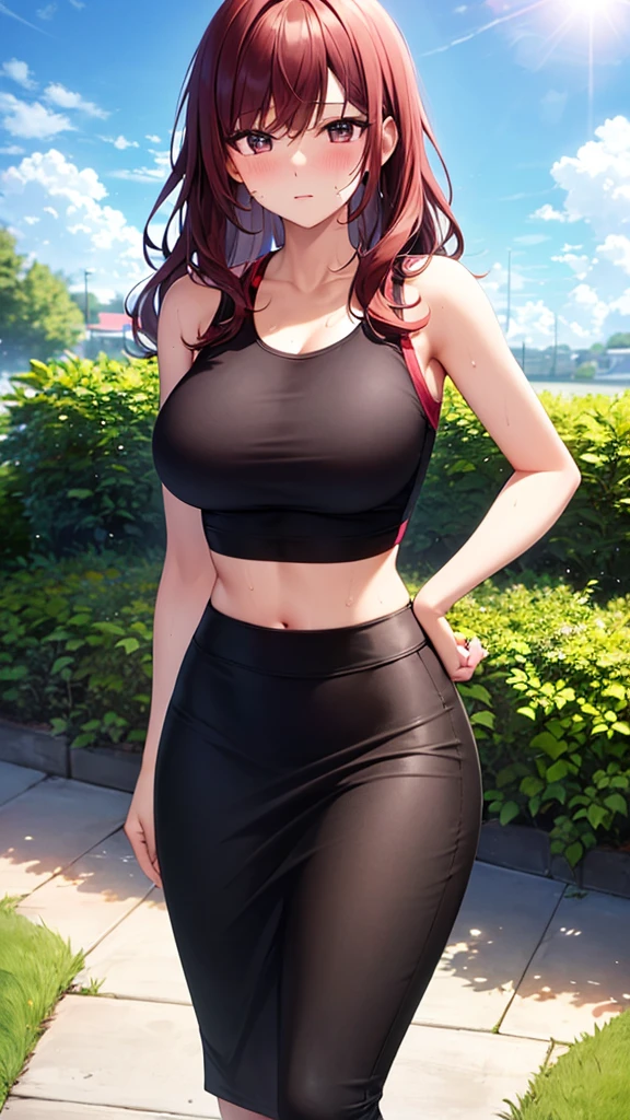 masterpiece, best quality, high detail, beautiful woman, wavy hair, dark brown hair, large bust, red t-shirt, off-shoulder shirt, black maxi pencil skirt, tight pencil skirt, midriff, upper body, hips, hip bones, sandals, looking at viewer, light smile, garden, backyard,