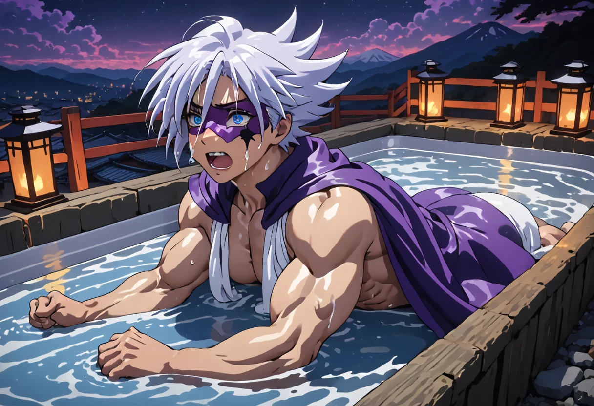 Highest quality,Masterpiece,Pro Art,8k,Based on anatomy,silk hat,Light purple hair,Eye mask,Purple Cape,Japan animated style,kait8uj8ker, white hair, spiked hair, Blue eyes,Full body image,(((Huge muscles,Huge erect penis,Anal Sex))),Open-air hot spring under the night sky,A bathtub lit by a lantern,cramped suit,Crying face,Suffering face,Lots of drool, sweat and cum,,Shaking violently,(A fiery aura envelops the body), boy,Little,Complexity in facial depiction,Crawling on all fours and sucking a penis,Purple Capeとsilk hat,Orgy,Bouncy Body,