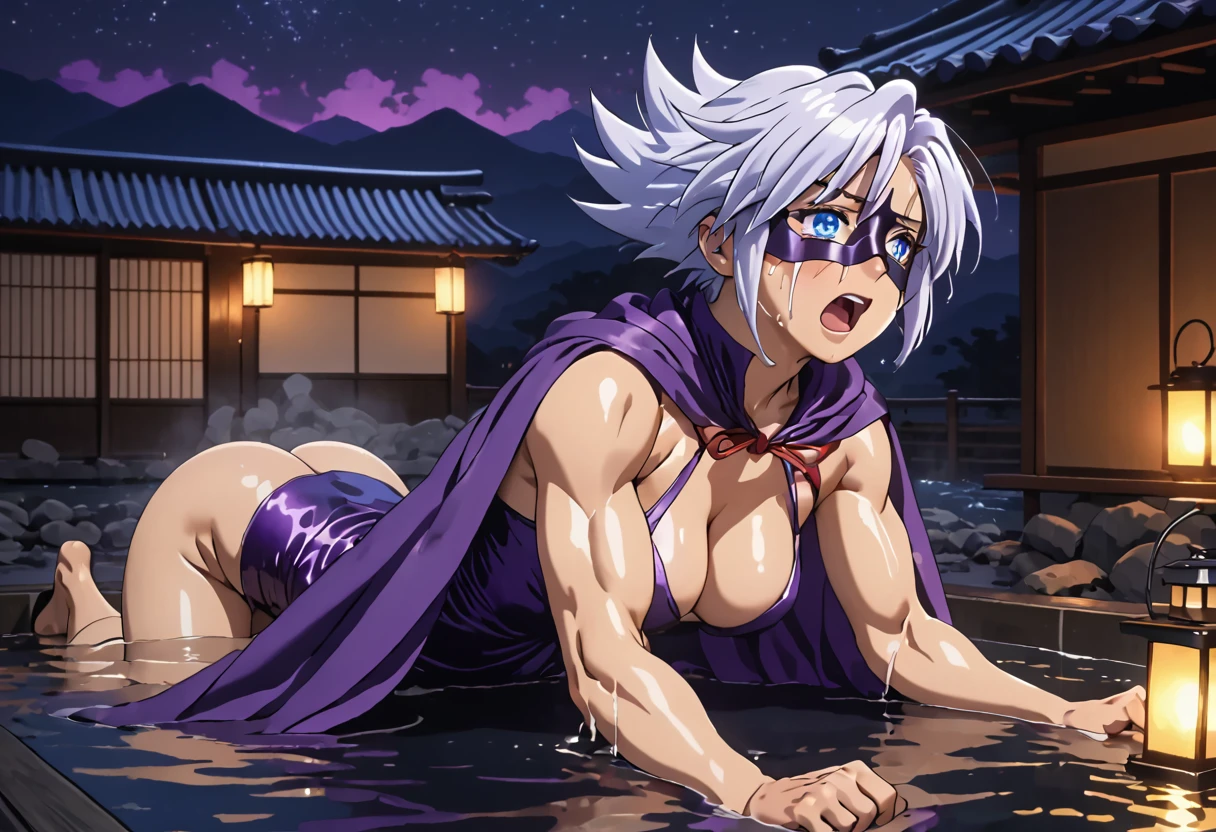 Highest quality,Masterpiece,Pro Art,8k,Based on anatomy,silk hat,Light purple hair,Eye mask,Purple Cape,Japan animated style,kait8uj8ker, white hair, spiked hair, Blue eyes,Full body image,(((Huge muscles,Huge erect penis,Anal Sex))),Open-air hot spring under the night sky,A bathtub lit by a lantern,cramped suit,Crying face,Suffering face,Lots of drool, sweat and cum,,Shaking violently,(A fiery aura envelops the body), boy,Little,Complexity in facial depiction,Crawling on all fours and sucking a penis,Purple Capeとsilk hat,Orgy,Bouncy Body,