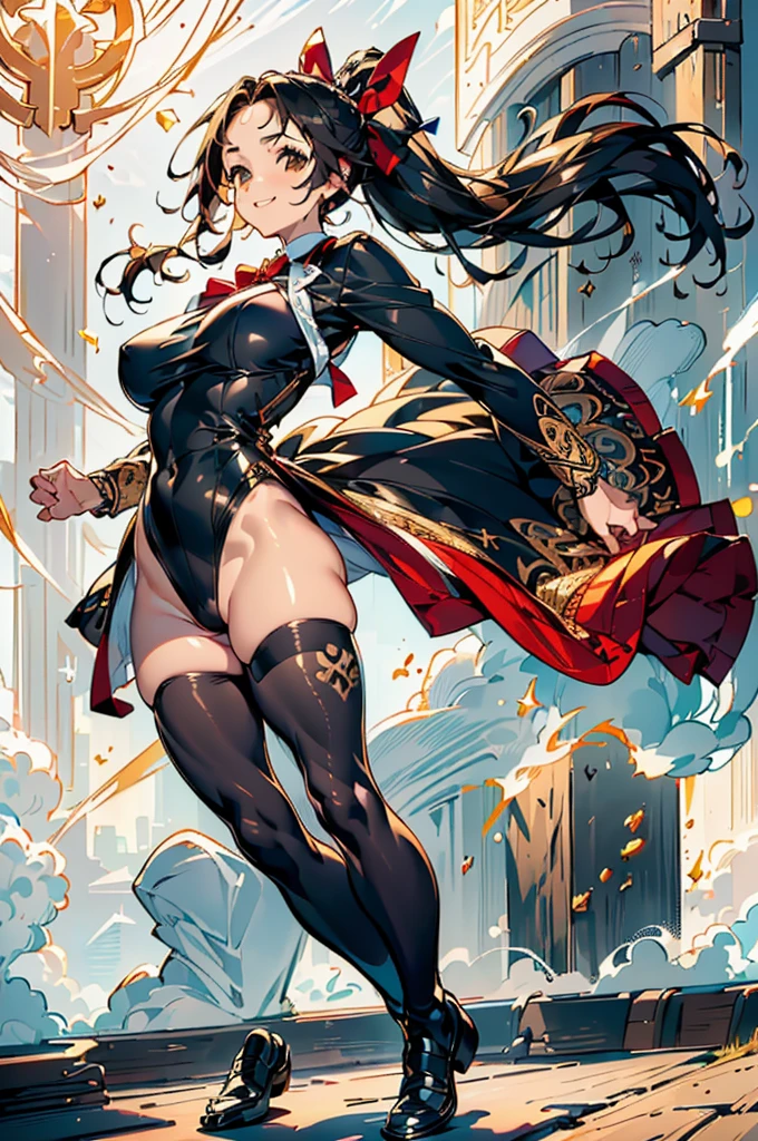 ((((High resolution, Intricate details, masterpiece, 8k, from front)))), (((beautiful, leotard, tights, loafers, full body))), ((One Woman, smile, Red cheeks, slender)), (Black Hair, Beautiful forehead, Long Hair, ponytail, Big ribbon, Glowing Skin), from front, looking at viewer, look at viewer,