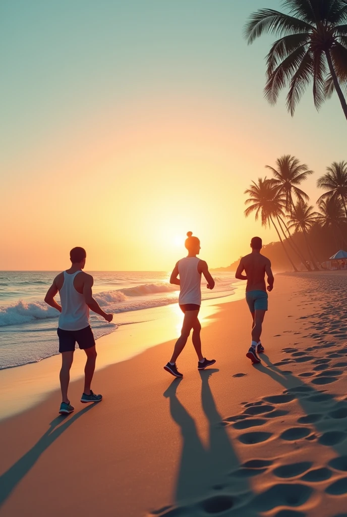 Create a horizontal image of a beach background where you can see a sunrise at sea and on the sand there are some people in sportswear warming up for exercises.