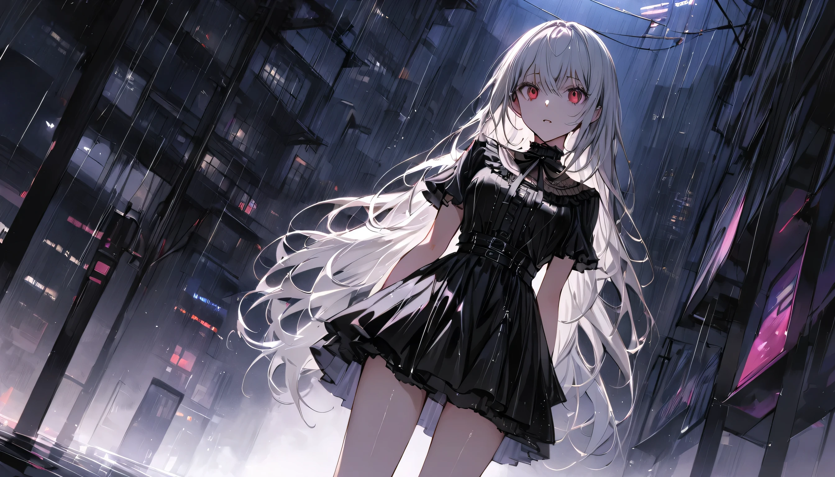 Super Detail, Attention to Detail, High Quality, Top Quality, High Resolution,In a heavy downpour during a dark, rainy night in the city, a young woman in her early 20s stands alone on a deserted street, gazing up at the sky with a profound and hopeless expression. Her long, silver hair is soaked, clinging to her pale skin and cascading down her back, adding a haunting beauty to her appearance. She wears a glossy, black gothic mini skirt paired with intricate lace and leather details, embodying the edgy and alluring "Jirai Kei" fashion style. The low-angle perspective emphasizes her dominance and isolation, while the towering, shadowy skyscrapers loom above, their silhouettes contrasted by the vibrant neon lights that reflect off the wet surfaces and illuminate her figure in shades of neon pink, blue, and purple. The rain pours relentlessly, creating a dramatic and melancholic atmosphere, with water droplets captured mid-air and puddles rippling around her high-heeled boots. The overall scene evokes a sense of deep emotional turmoil and dark elegance amidst the urban landscape.