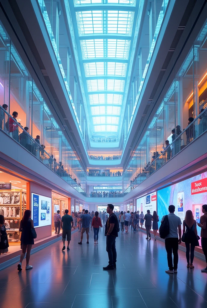Retail shops, big screen, mall, technology,