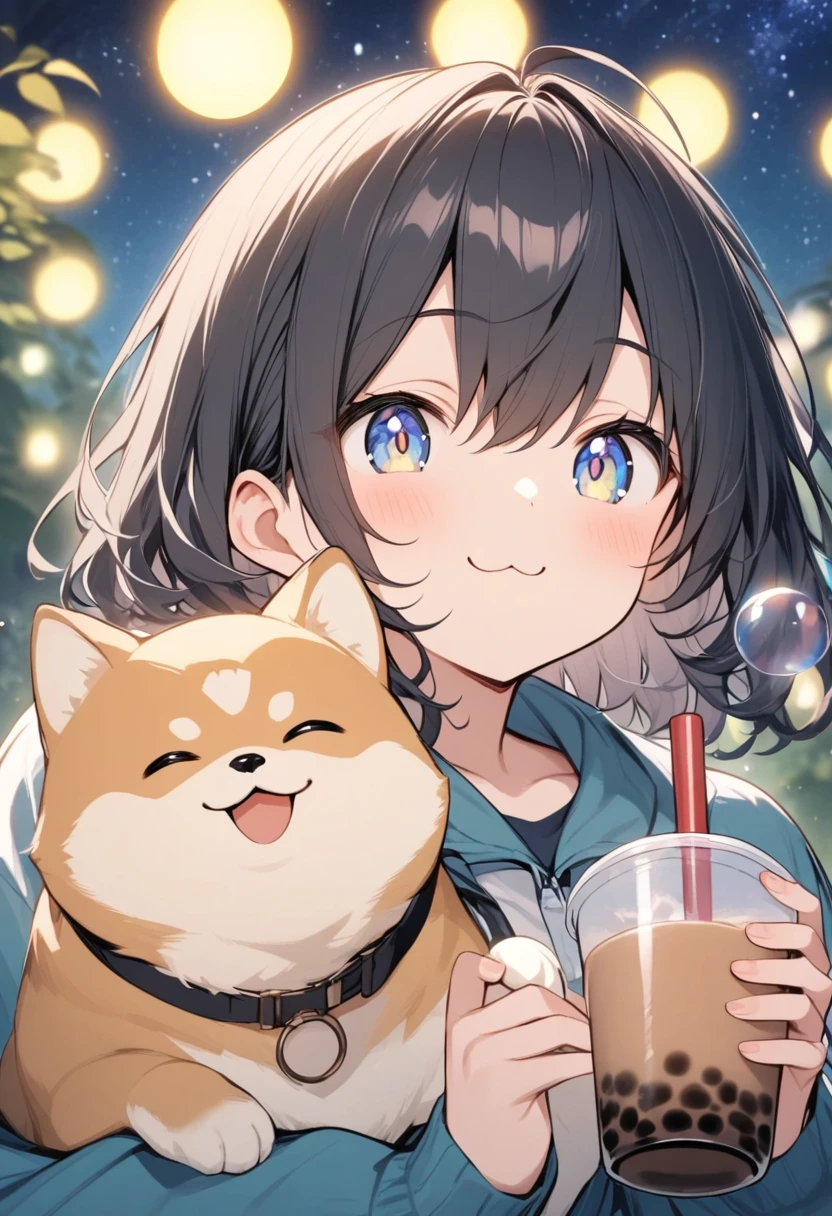 Holding a Shiba Inu, , His eyes lit up when he saw the bubble tea, :3, His happy face, so cute、Starry sky forest night fireflies