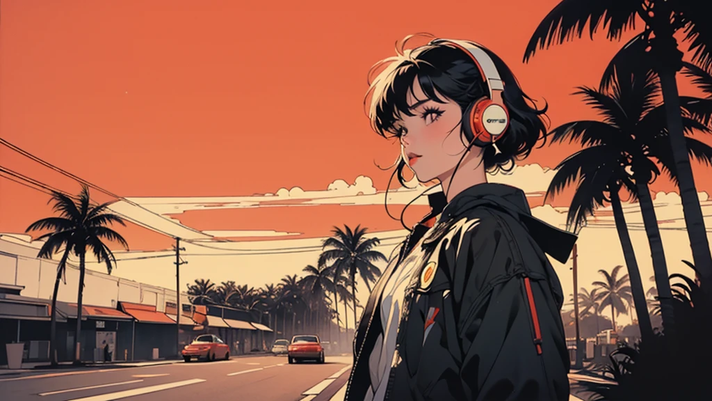 retro girl, headphones, Miami, sunset, Ferrari, palm tree, 90's, (flat colors, flat texture, lineart:1.2), graphical design, (heavy ink, ink blacks),