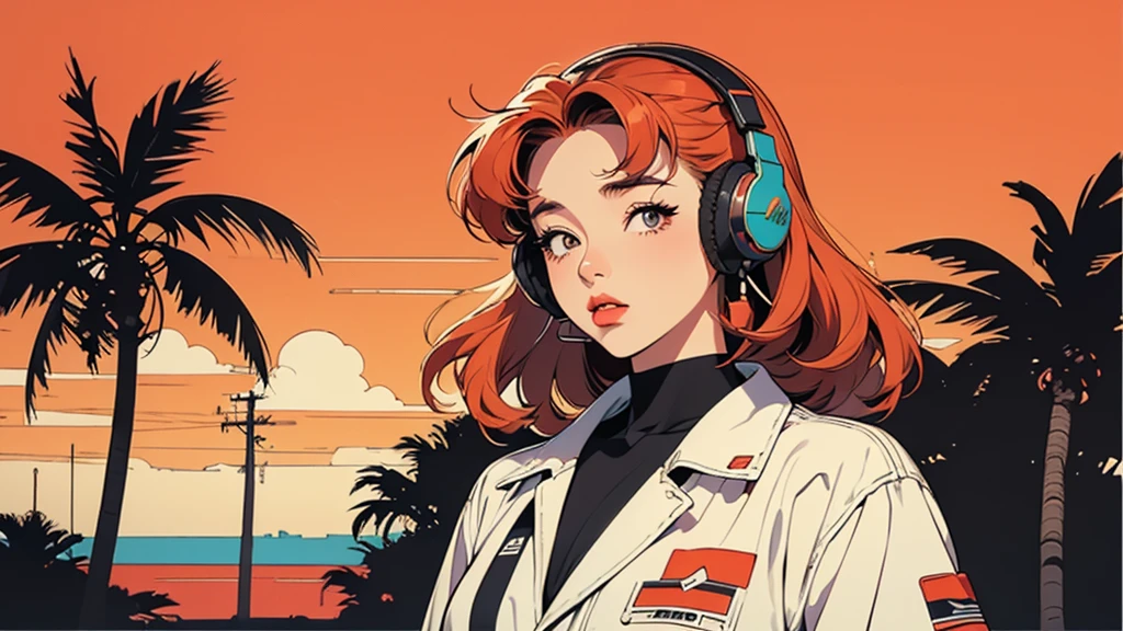 retro girl, headphones, Miami, sunset, Ferrari, palm tree, 90's, (flat colors, flat texture, lineart:1.2), graphical design, (heavy ink, ink blacks),