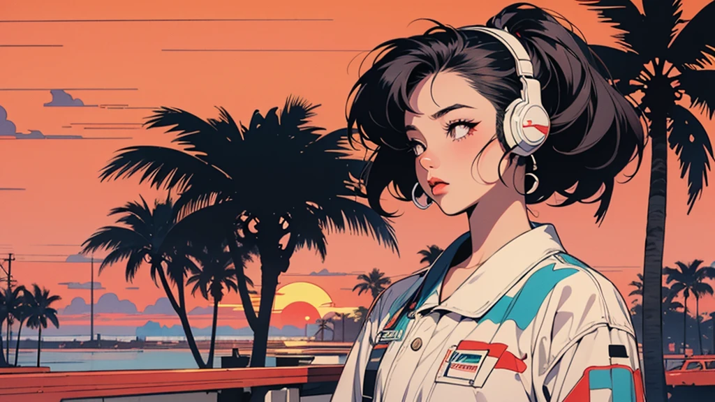 retro girl, headphones, Miami, sunset, Ferrari, palm tree, 90's, (flat colors, flat texture, lineart:1.2), graphical design, (heavy ink, ink blacks),