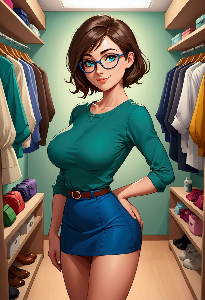 20 years old woman, Short brown hair, Méditerranéenne aux blue eye, Generous and heavy , slender waist, definition of l'estomac, fesses rebondies et pulpeuses, naturally curved, muscular thighs, aguicheuse, fitting room , blue eye, lunettes, green skirt and blouse, Selfie, ssmile, side view 