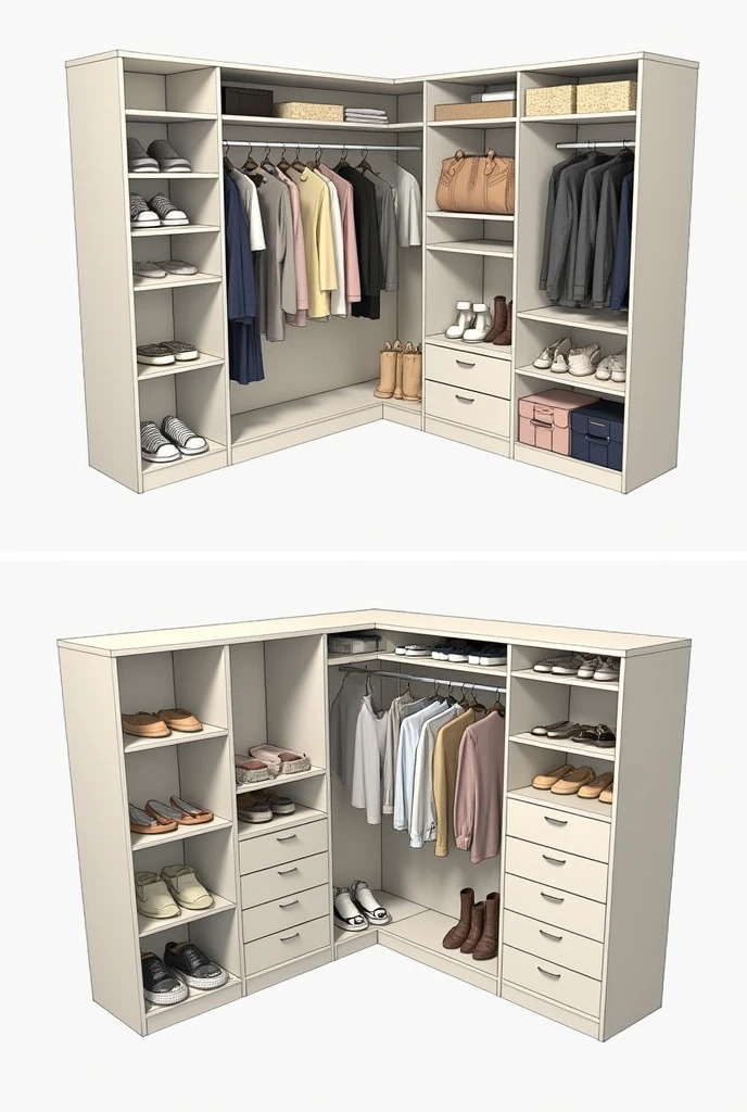 create a small L shaped wardrobe design where one single wardrobe is all shelves and one single is shoes rack and one hanging side and one drawers