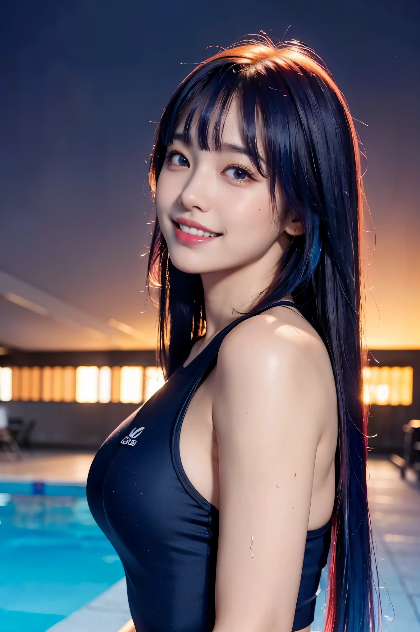 Upper Body、1 of、(smile, Happy:1.3)、(((Hair with a gradient color from red roots to blue tips)))、bangs、Wet Hair:1.5、See the scenery、Highest quality、masterpiece、Ultra-high resolution、8k、(Realistic:1.5)、RAW Photos、Perfect body、Big Breasts、Navy blue school swimsuit、(In the Dark)、Deep Shadow、Discreet keys、(Warm Light)、Sexy look、bangs、night、Indoor school swimming pool、sitting by the pool、（Raising both arms above head）、(Showing her side)、