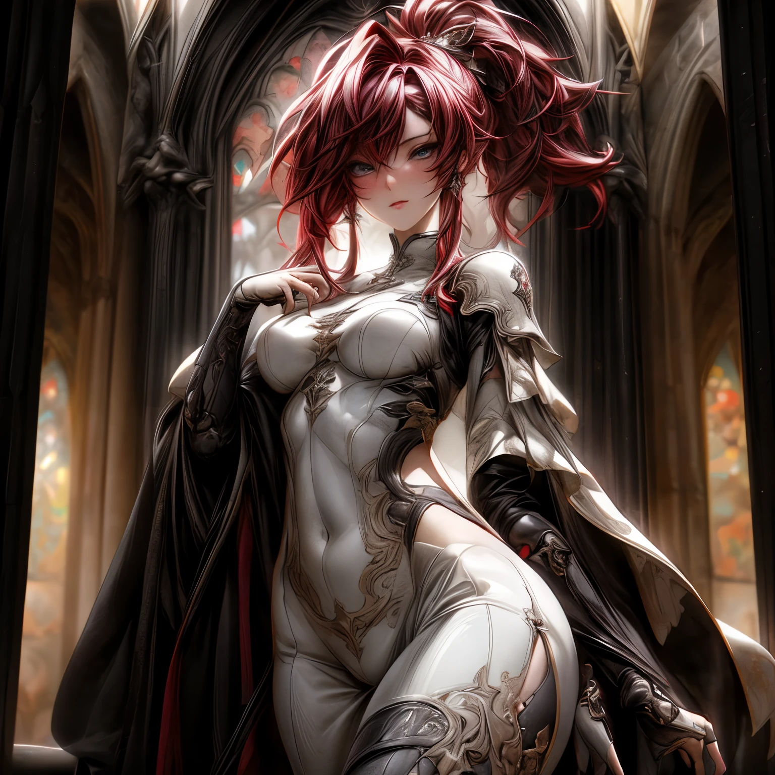 (best quality)), ((Masterpiece)), (details:1.4), 3d, HDR (high dynamic range), an image of a beautiful cyberpunk female, fantasy, Medieval, Cyberpunk Red hair, Highi ponytail, Beautiful white eyes, จมูกโด่ง, Hips up, ปากแดง, หน้าอกใหญ่, nvidia RTX, PBR surface, After processing, Anisotropic filtration,depth of field, Maximum clarity and clarity, multi-layered surface, Subsurface scattering, perfect proportions, 8K raw files, ultra detailed, Perfect proportions, volumetric lighting, soft lighting, Holy Paladin, Heavy Black Armor, glossy skin, intricate silver embroidery, gorgeous, chapel background, jewely, ต่างหู, นิ้วมือสมบูรณ์,