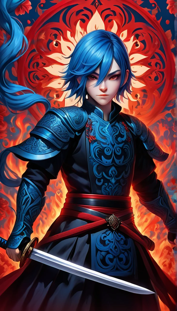 character illustrated with blue hair and a red and black color scheme. The character holds a sword, and there are intricate designs that resemble floral or fire patterns in the background.. The center of the image is blurry, making it impossible to identify specific details in the area..