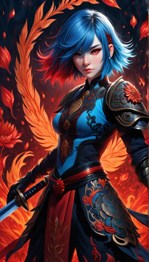 character illustrated with blue hair and a red and black color scheme. The character holds a sword, and there are intricate designs that resemble floral or fire patterns in the background.. The center of the image is blurry, making it impossible to identify specific details in the area..
