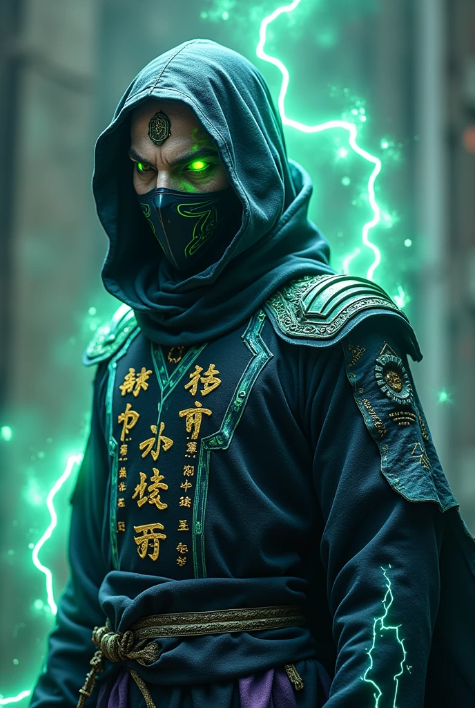 Créer moi un lego ninja go futuriste a moitié fantôme, onni, robot et ninja maléfique avec un masque de couleur noir et bleu sur la tête avec une peau NOIR et dans le visage il faut des traces d’électricité jaune et bleu foncé et un regard terrible sombre avec des yeux en vert clair brillant avec une puissance incroyable avec comme puissance élémentaire l’électrique, l’énergie, la terre, le feu, la glace. Les habits du ninja doit être en noir, bleu et violet avec des reure en forme d’électricité vert et bleu clair et des écritures japonaise sacré en or. Un ninja imbattable monstrueux beaucoup trop puissant qui contrôle tout les pouvoirs élémentaire. Le ninja fantôme doit être destructeur et exceptionnel