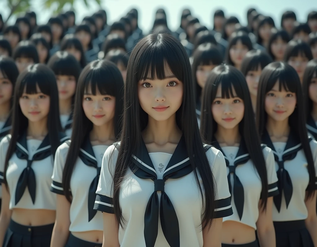 (Japanese Clone-girls=Myself), (Super Best masterpiece Clone-girls Raw Photography Art), (16K, Highest quality, Ultra-high resolution, RAW Photos), (It's so unrealistic., With unparalleled depiction, With an unfathomable sight, An unprecedented and shocking worldview, Clone-girls: In a world of mass reproduction, Ultra-realistic), (Japanese Girls, , Small face, Thick black hair, long hair, Dark Eyes, Mature face, かわいいsmile, Smiling face, A gentle gaze, Very pleasant look), (Very beautiful detailed girls, Accurate body structure, Accurate body movements, Very detailed body, (Super big breasts, Large bulge of ample breasts)), (Schoolgirl uniform, Short sleeve, mini skirt, Emphasise the fullness of your breasts), (Very detailed, Myself cloning, Depiction of splitting oneself, 1Myself girl→1,000,000,000,000,000,000,000,000,000,000Myself cloning girls), (Very detailed and intricate, Myself's body is multiplying, A perfectly matched depiction, (In the same female body,With the same face, With the same hairstyle, In the same clothes, At the same height, 同じSuper big breasts), 1,000,000,000,000,000,000,000,000,000,000 people mass proliferation), (Myself girls only), Academy, academic level, Commemorative photo depiction, Tiered stage photography, smile, Front view
