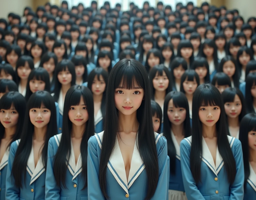 (Japanese Clone-girls=Myself), (Super Best masterpiece Clone-girls Raw Photography Art), (16K, Highest quality, Ultra-high resolution, RAW Photos), (It's so unrealistic., With unparalleled depiction, With an unfathomable sight, An unprecedented and shocking worldview, Clone-girls: In a world of mass reproduction, Ultra-realistic), (Japanese Girls, 16yo, Small face, Thick black hair, long hair, Dark Eyes, Mature face, かわいいsmile, Smiling face, A gentle gaze, Very pleasant look), (Very beautiful detailed girls, Accurate body structure, Accurate body movements, Very detailed body, (Super big breasts, Large bulge of ample breasts)), (Schoolgirl uniform, Short sleeve, mini skirt, Emphasise the fullness of your breasts), (Very detailed, Myself cloning, Depiction of splitting oneself, 1Myself girl→1,000,000,000,000,000,000,000,000,000,000Myself cloning girls), (Very detailed and intricate, Myself's body is multiplying, A perfectly matched depiction, (In the same female body,With the same face, With the same hairstyle, In the same clothes, At the same height, 同じSuper big breasts), 1,000,000,000,000,000,000,000,000,000,000 people mass proliferation), (Myself girls only), Academy, academic level, Commemorative photo depiction, Tiered stage photography, smile, Front view