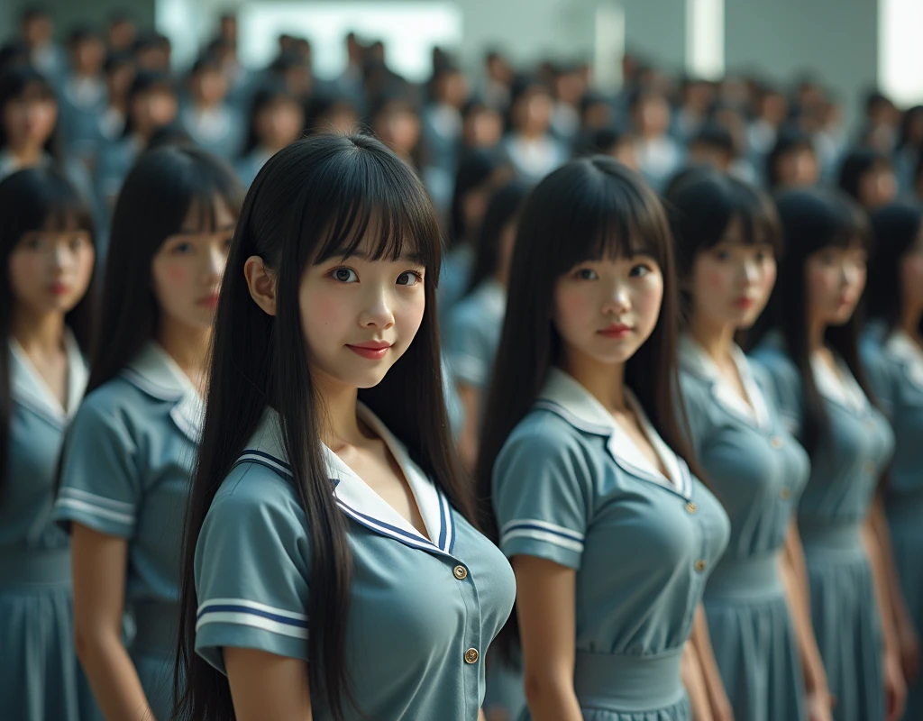 (Japanese Clone-girls=Myself), (Super Best masterpiece Clone-girls Raw Photography Art), (16K, Highest quality, Ultra-high resolution, RAW Photos), (It's so unrealistic., With unparalleled depiction, With an unfathomable sight, An unprecedented and shocking worldview, Clone-girls: In a world of mass reproduction, Ultra-realistic), (Japanese Girls, yo, Small face, Thick black hair, long hair, Dark Eyes, Mature face, かわいいsmile, Smiling face, A gentle gaze, Very pleasant look), (Very beautiful detailed girls, Accurate body structure, Accurate body movements, Very detailed body, (Super big breasts, Large bulge of ample breasts)), (Schoolgirl uniform, Short sleeve, mini skirt, Emphasise the fullness of your breasts), (Very detailed, Myself cloning, Depiction of splitting oneself, 1Myself girl→1,000,000,000,000,000,000,000,000,000,000Myself cloning girls), (Very detailed and intricate, Myself's body is multiplying, A perfectly matched depiction, (In the same female body,With the same face, With the same hairstyle, In the same clothes, At the same height, 同じSuper big breasts), 1,000,000,000,000,000,000,000,000,000,000 people mass proliferation), (Myself girls only), Academy, academic level, Commemorative photo depiction, Tiered stage photography, smile, Front view
