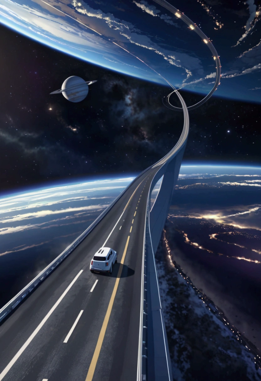 There is a MINI SUV moving toward the distance on a straight highway in space Animation 4K