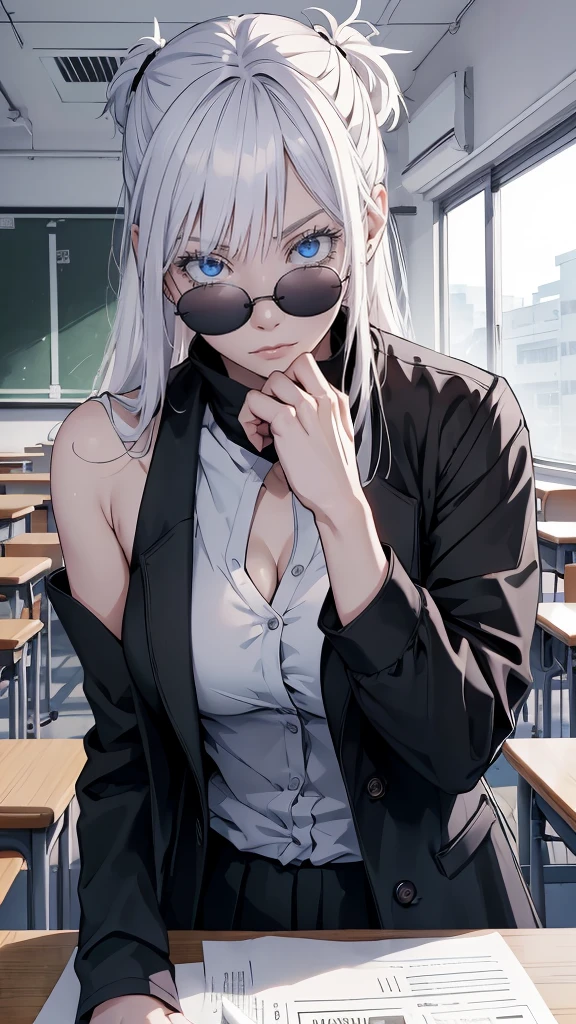 Woman, famale version, female, jujutsu kaisen, solo, alone, white hair, bangs, long hair, white eyebrows, white eyelashes, light blue eyes, wearing round sunglasses, wearing black shirt, black sleeves, black clothing, in classroom, school, high quality, 4k resolution, anime