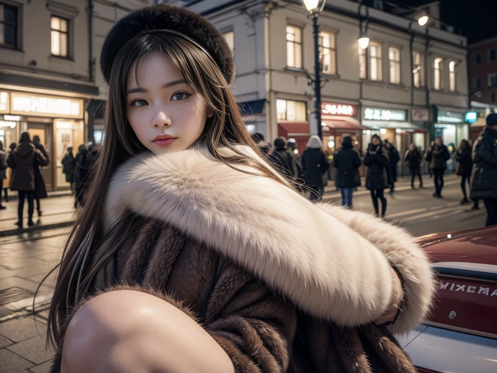 In the city of Russia、Wearing traditional mink fur、woman。Looking at this、(((Staring at the photographer、ペアのwoman)))