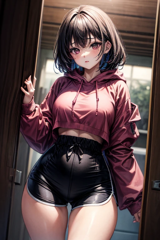 ((Sketch)), ((Watercolor)), ((best quality)), ((masterpiece)), (detailed), 4k image, anime style, beautiful young girl, tanned white skin, oval shaped face, cherry pink lips, big round velvet colored eyes, C-cup breasts, slender and thin body, full oversized hoodie reaching thighs(one color), waist band shorts, Sleek waist length dark violet purple-black hair, small narrow waist, small but full curvy hips, tall height(175cm)