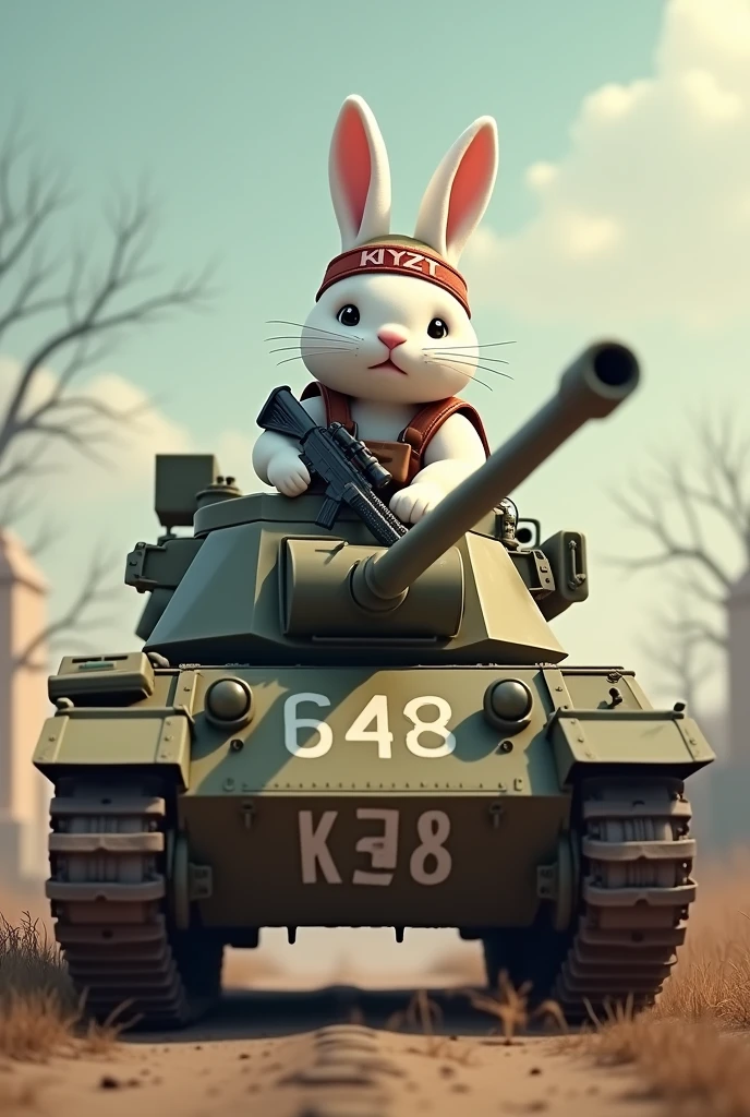 There is a white rabbit riding on a tank with the number 648 written in the middle of it. The rabbit is wearing a headband and holding a gun. The headband has KZT written on it.