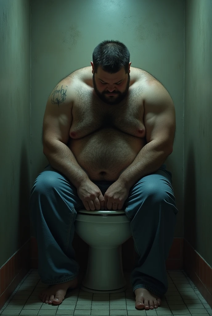 Fat shirtless fantasy football loser depressed gazing down at the toilet in utter shame