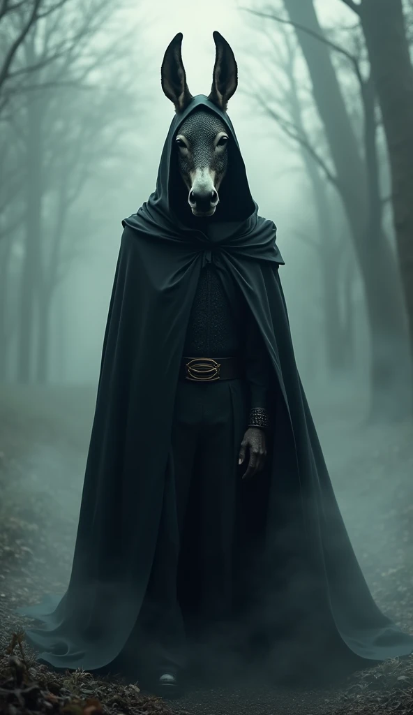 Donkey with a mask and black cloak