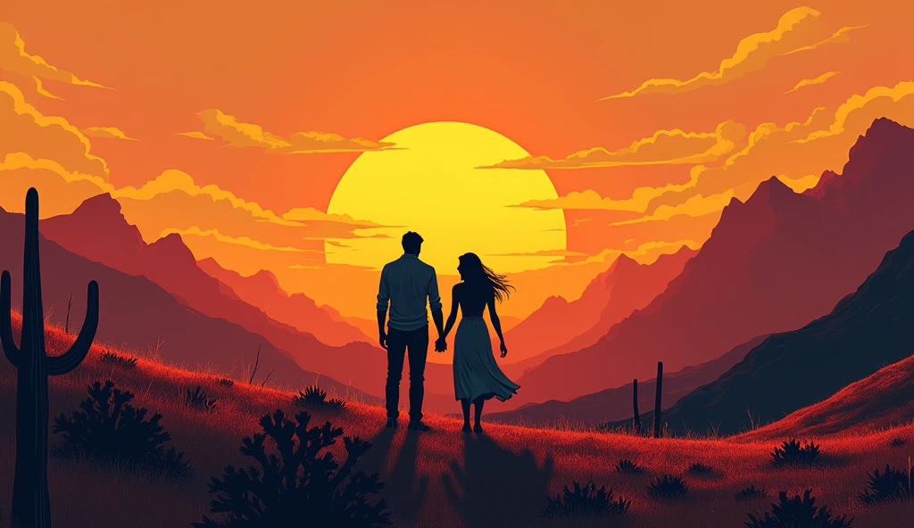 A man and a woman hold hands in the western wilderness, sunset with a big sun, back perspective,
modern art