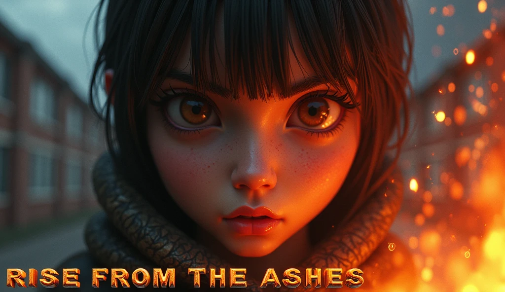 Generate a highly detailed 3D-style thumbnail featuring a close-up of the character’s face, with intense focus and determination in their eyes. The background should be a blur of the abandoned campus, emphasizing the character’s inner strength. Use high contrast lighting, with one side of the face illuminated by a warm, fiery glow, symbolizing passion and hope, while the other side is in shadow. Add subtle 3D embers floating in the foreground to enhance the intensity. Place the text 'RISE FROM THE ASHES' across the lower half in bold, embossed letters with a metallic finish, catching light from the fiery glow."