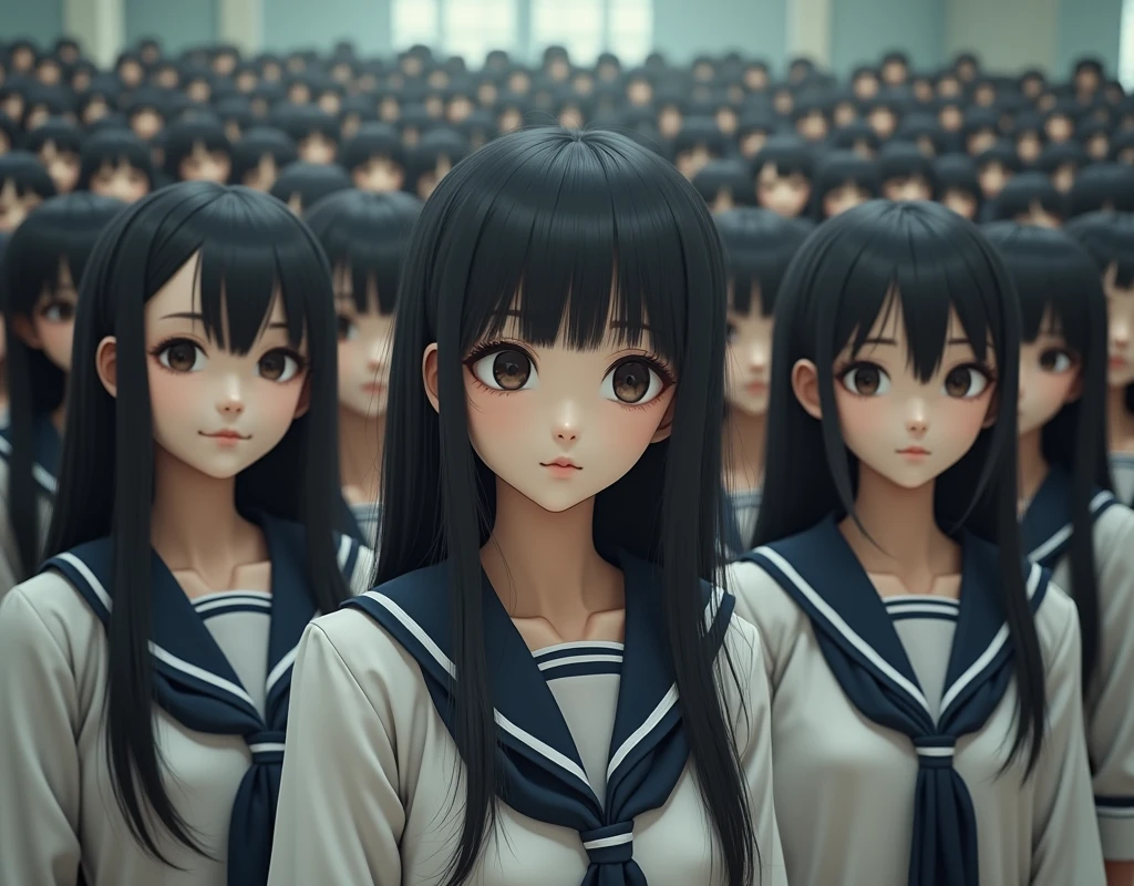 (Japanese Clone-girls=Myself), (Super Best masterpiece Clone-girls Raw Photography Art), (16K, Highest quality, Ultra-high resolution, RAW Photos), (It's so unrealistic., With unparalleled depiction, With an unfathomable sight, An unprecedented and shocking worldview, Clone-girls: In a world of mass reproduction, Ultra-realistic), (Japanese Girls, yo, Small face, Thick black hair, long hair, Dark Eyes, Mature face, かわいいsmile, Smiling face, A gentle gaze, Very pleasant look), (Very beautiful detailed girls, Accurate body structure, Accurate body movements, Very detailed body, (Super big breasts, Large bulge of ample breasts)), (Schoolgirl uniform, Short sleeve, mini skirt, Emphasise the fullness of your breasts), (Very detailed, Myself cloning, Depiction of splitting oneself, 1Myself girl→1,000,000,000,000,000,000,000,000,000,000Myself cloning girls), (Very detailed and intricate, Myself's body is multiplying, A perfectly matched depiction, (In the same female body,With the same face, With the same hairstyle, In the same clothes, At the same height, 同じSuper big breasts), 1,000,000,000,000,000,000,000,000,000,000 people mass proliferation), (Myself girls only), Academy, academic level, Commemorative photo depiction, Tiered stage photography, smile, Front view