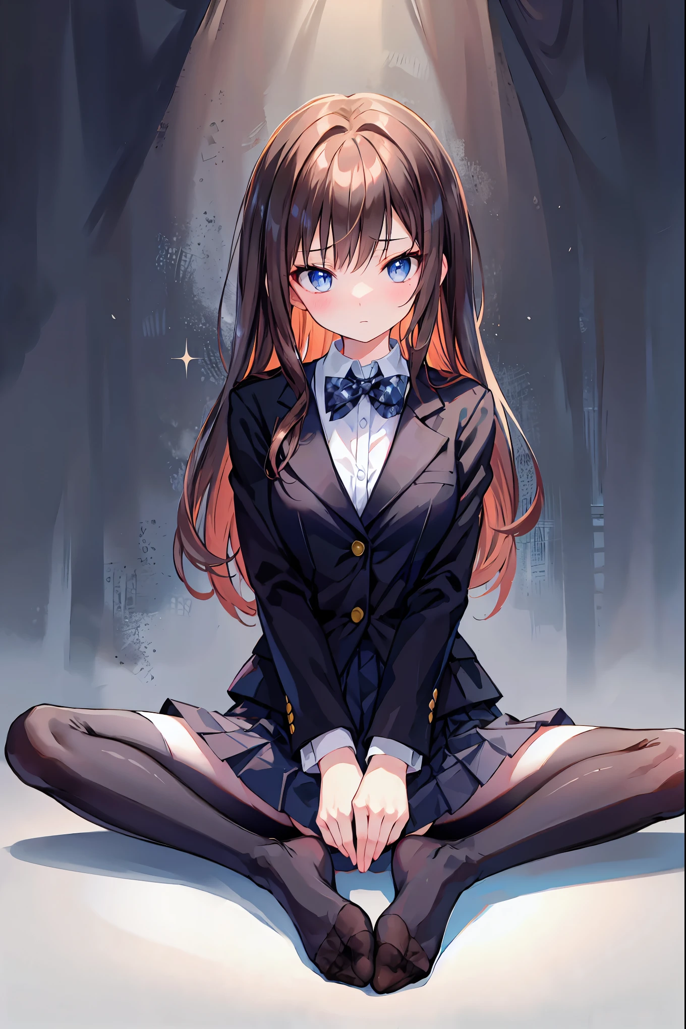 Brown Hair，Shortcuts，Messy Hair，Slender beauty，A dignified posture，Small chest，Beautiful feet，Her captivating grey-blue eyes shine like stars，Highest quality, masterpiece, High resolution, (Head to Toe full body), front, frontやや下からの構図, Symmetric, Tall 1 girl, alone, (Head to Toe), (Small breasts), bangs, (black tights), (Black Pantyhose), , (Crouching pose), , (Her legs were spread), (I was made to sit on the floor with my legs spread...), Thin legs, Very beautiful and tall, (No shoes), blush, Shy big eyes, Looking into the camera, Blazer Uniform, Checkered Pleated Skirt