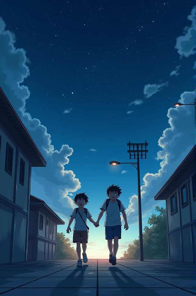 A 2D animated and anime-style scene where **Arun** and **Sameer** are shown running out of the station boundary. As they cross the line, the environment gradually transforms into a peaceful night view with a calm, starry sky. The characters, though relieved, still have cautious expressions, with large anime-style eyes showing a mix of relief and lingering fear. **Arun** and **Sameer** will look the same as in previous scenes, maintaining visual continuity. The platform and station details are still visible, gradually fading as the scene transitions to a calmer, more serene environment.