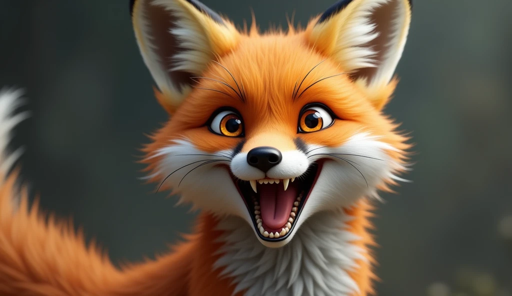 Photorealistic、Ultra HD、The fox is smiling、Side view、The fox has its mouth wide open
