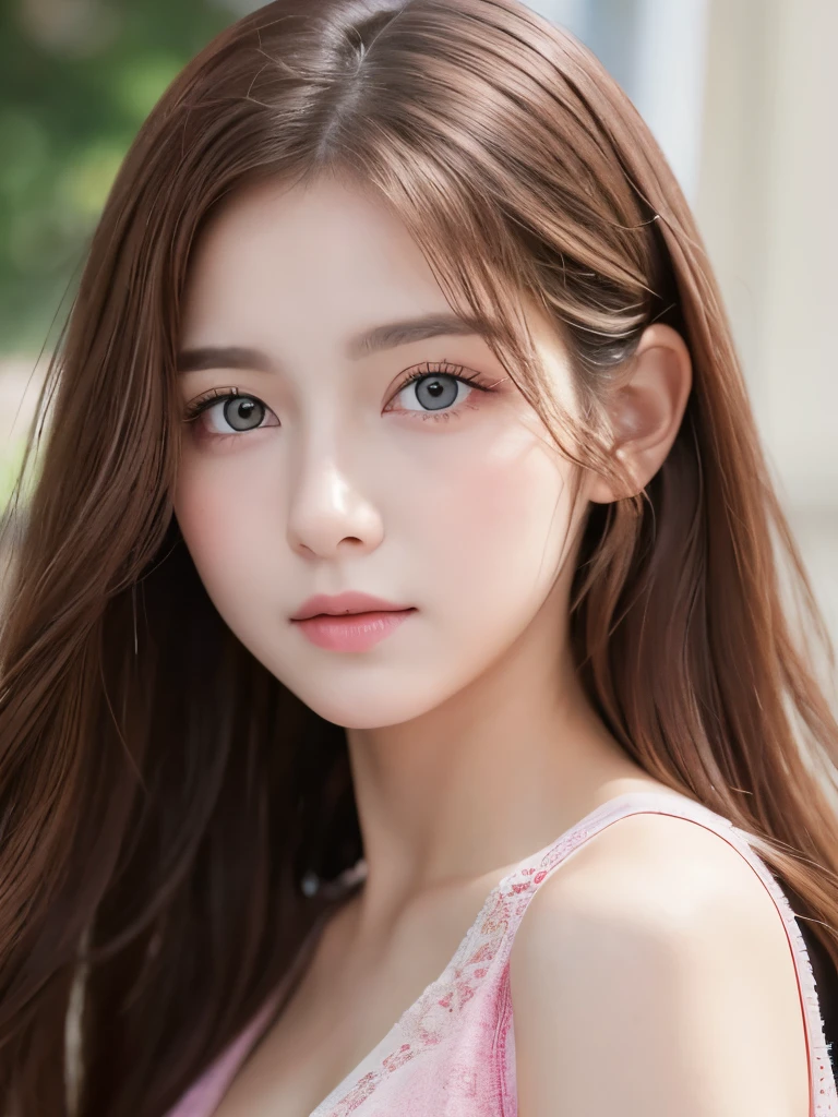 Close-up portrait of a young woman。With striking pink eyes、She has long, wavy brown hair that falls to her shoulders.。Her expression is calm yet confident.、There&#39;s a hint of curiosity in his gaze.。A pale pink collared shirt、He was wearing a matching pink tie.、Gives a professional yet stylish impression。The lighting is soft、Highlights the natural texture and flow of your hair、Shading is applied to subtly accentuate the contours of the face.。Her skin is smooth and、A young woman with a slight reddish hue々It gives a vivid and lively impression.。The background is simple、The focus is on her expressive eyes and intricate facial details。The style is sophisticated、A perfect blend of realism and anime aesthetics.、It expresses elegance and dynamic individuality.。