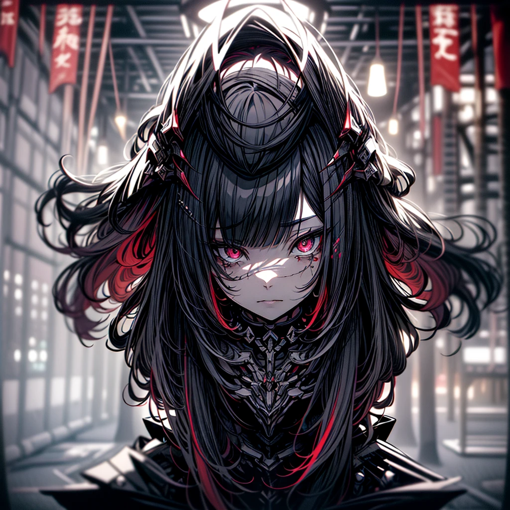 Tears of blood from the eyes、dead body、Blood everywhere、blood splashing、dark hue、Red hue、Cross-eyed、Stranger、View other people、Ahegao , Silly,Sexual ecstasy,Drunken eyes,Blunt bangs, Black hair, (finely detailed beautiful eye: 1.2), (Detailed background,Dark Fantasy), (beautifull detailed face), High contrast, (Best Illumination, extremely delicate and beautiful), ((Cinematic Light)), Colorful, Hyper Detail, Dramatic light,