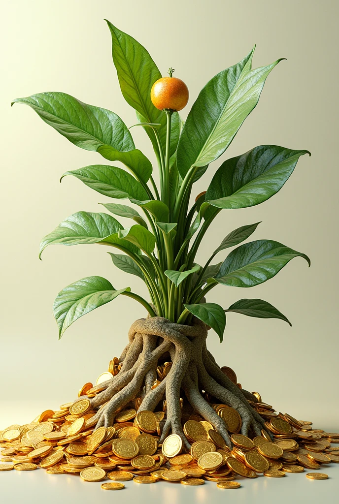 A plant rooted and growing from shimmering gold coins, which were given by a human hand, and the tree is able to grow a small amount of banknote fruit
