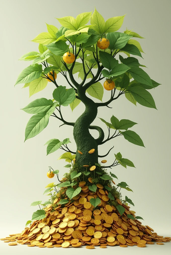 A plant rooted and growing from shimmering gold coins, which were given by a human hand, and the tree is able to grow a small amount of banknote fruit