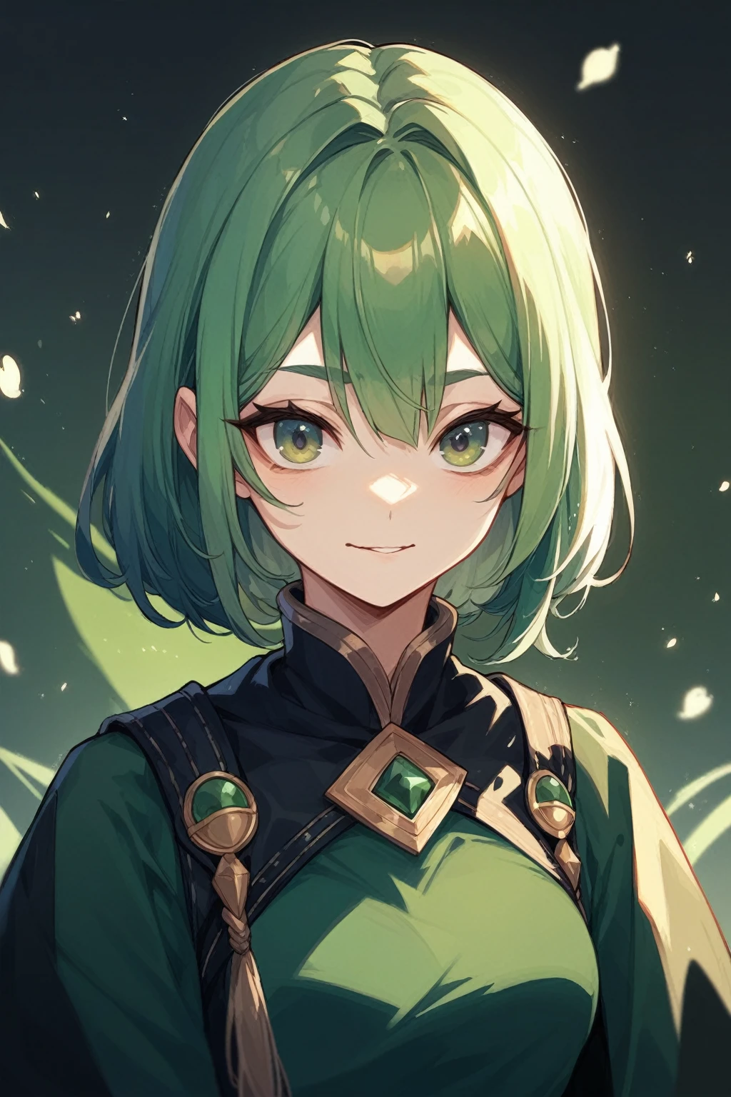Jade-colored hair and eyes、Bobcut、Green background、Wizard's Clothes