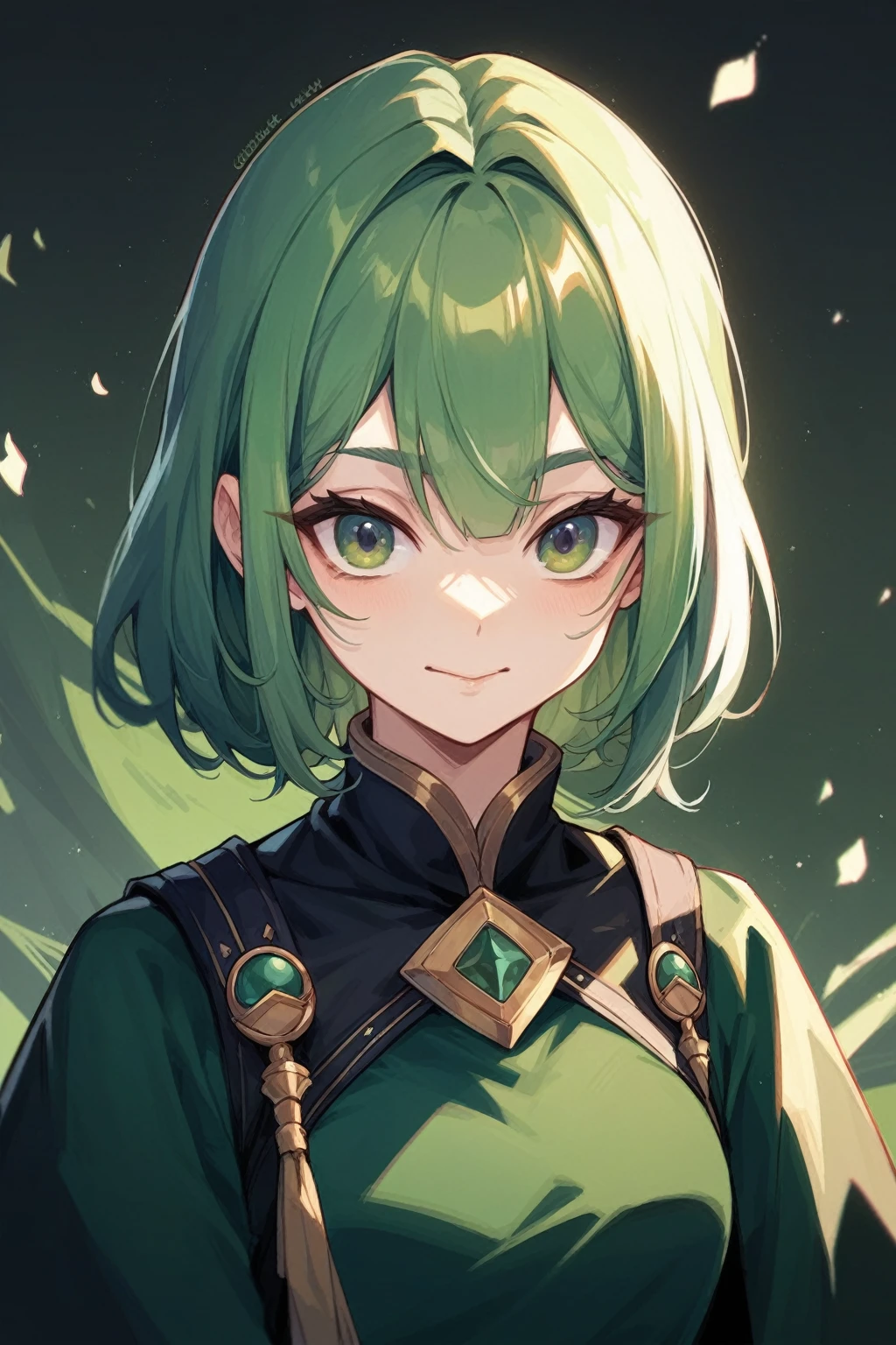 Jade-colored hair and eyes、Bobcut、Green background、Wizard&#39;s Clothes