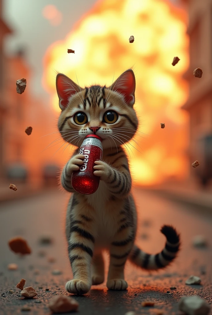 A cat drinking a cola bottle and walking away from an explosion