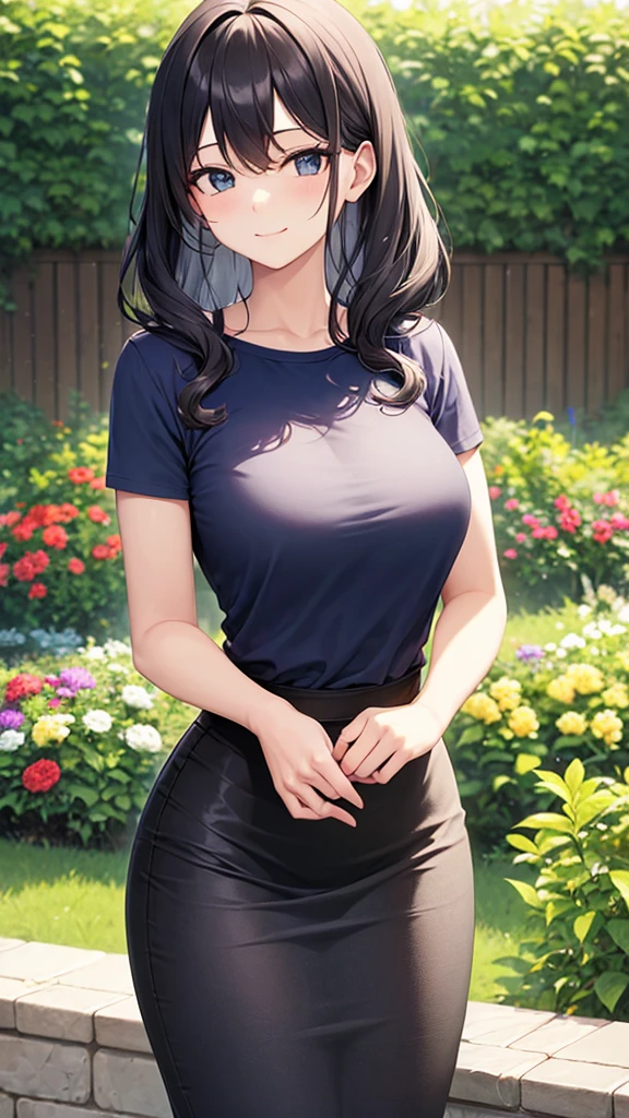 masterpiece, best quality, high detail, beautiful woman, wavy hair, dark blue hair, large bust, ((gray t-shirt)), (black midi pencil skirt), long skirt:1.2, upper body, hips, hip bones, boots, looking at viewer, awkward smile, garden, backyard,