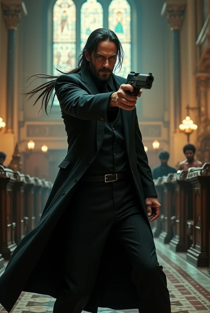 John wick very old wearing a ponytail and wearing a church father robe while holding a gun and fighting full picture