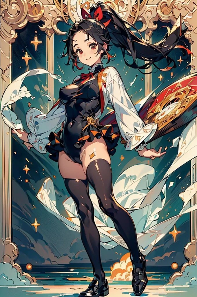 absurd res, high res, (masterpiece:1.4), ultra-detailed, 1girl, from above, space, floating, red Chinese dress, red dress, black stockings, light brown hair, gold eyes, hands out of frame