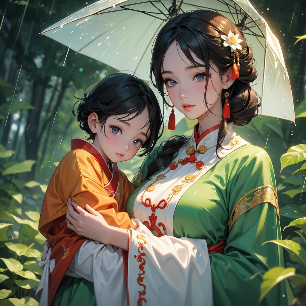 A one-year-old baby boy in an ancient Chinese baby costume with his beautiful mother, dressed in an white ancient Chinese costume, playing with each other, with his handsome father standing next to his mother, close up.

Stand holding an umbrella to protect from the rain. Rain fell and splashed around. There are water droplets falling on the leaves in the surrounding area, green and moist, the atmosphere after rain.