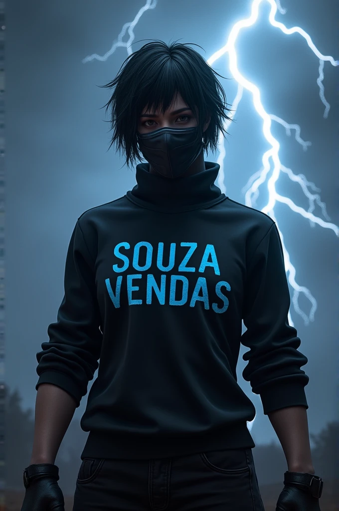 Um personagem de FREE FIRE, with rock shadow hair and mask and black turtleneck with Souza vendas written in the middle in blue. Background, lightning falling