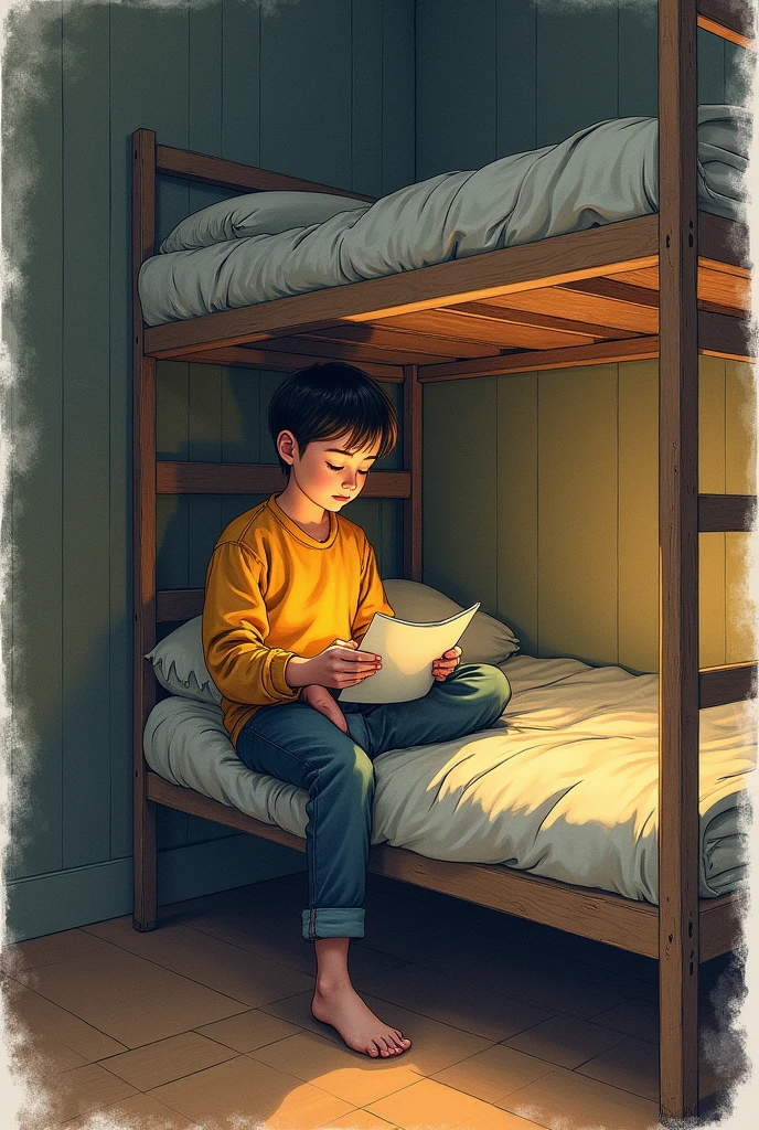 thirteen year old boy, poor, sad, sitting writing in his diary crying wearing dirty clothes and the house looks dirty
