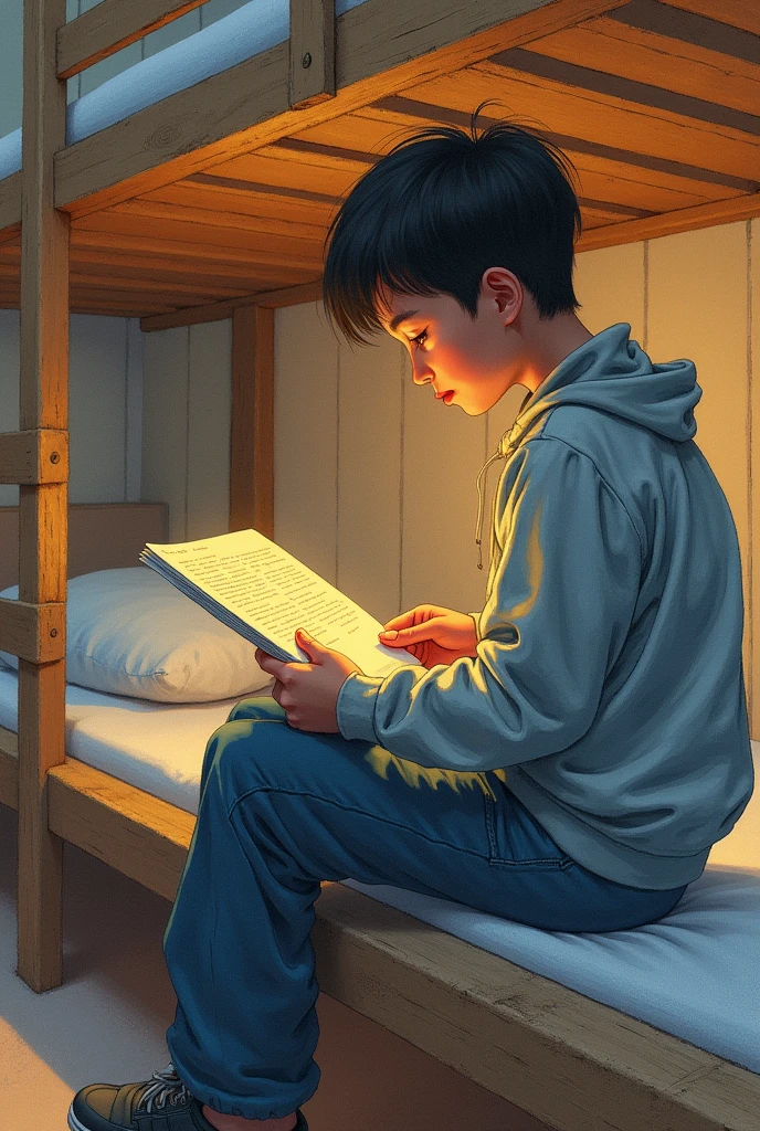 drawn in the form of a colored drawing, one sitting on a bunk reading a letter