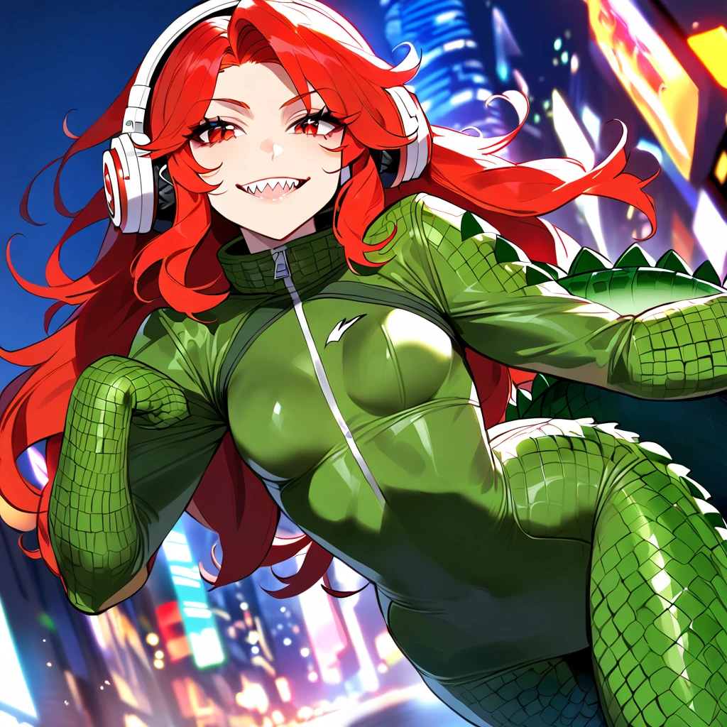 solo, superhero, pretty girl, girl in dark green suit, green combat boots, sharp teeth, confident smile, red eyes, messy hair, long hair, fluffy hair, crocodile suit, tight bodysuit, white headphones, headphones connected with the suit, cheerful, young, hair on the face, facing the camera, city background, city lights, power, red hair, pretty pose, crocodile tail, medium tits, seductive angle, interesting girl 